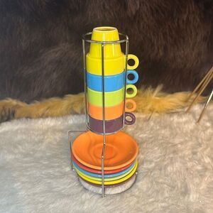 Pier 1 Stacking stoneware demitasse/espresso cups & saucers with metal rack.